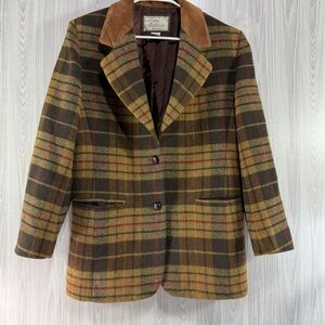 VTG Laura Jeffries Brown Plaid Wool Blazer Academia Old Money Leather Collar Med